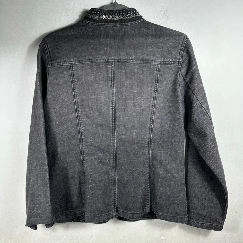 Chico’s Embellished Denim Jacket Gray Beaded Sequin Zip Women’s‎ Size 1